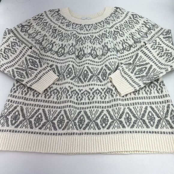 J. JILL Fair Isle Pullover Sweater Off White Gray Nordic Flair Large PETITE - Picture 1 of 5